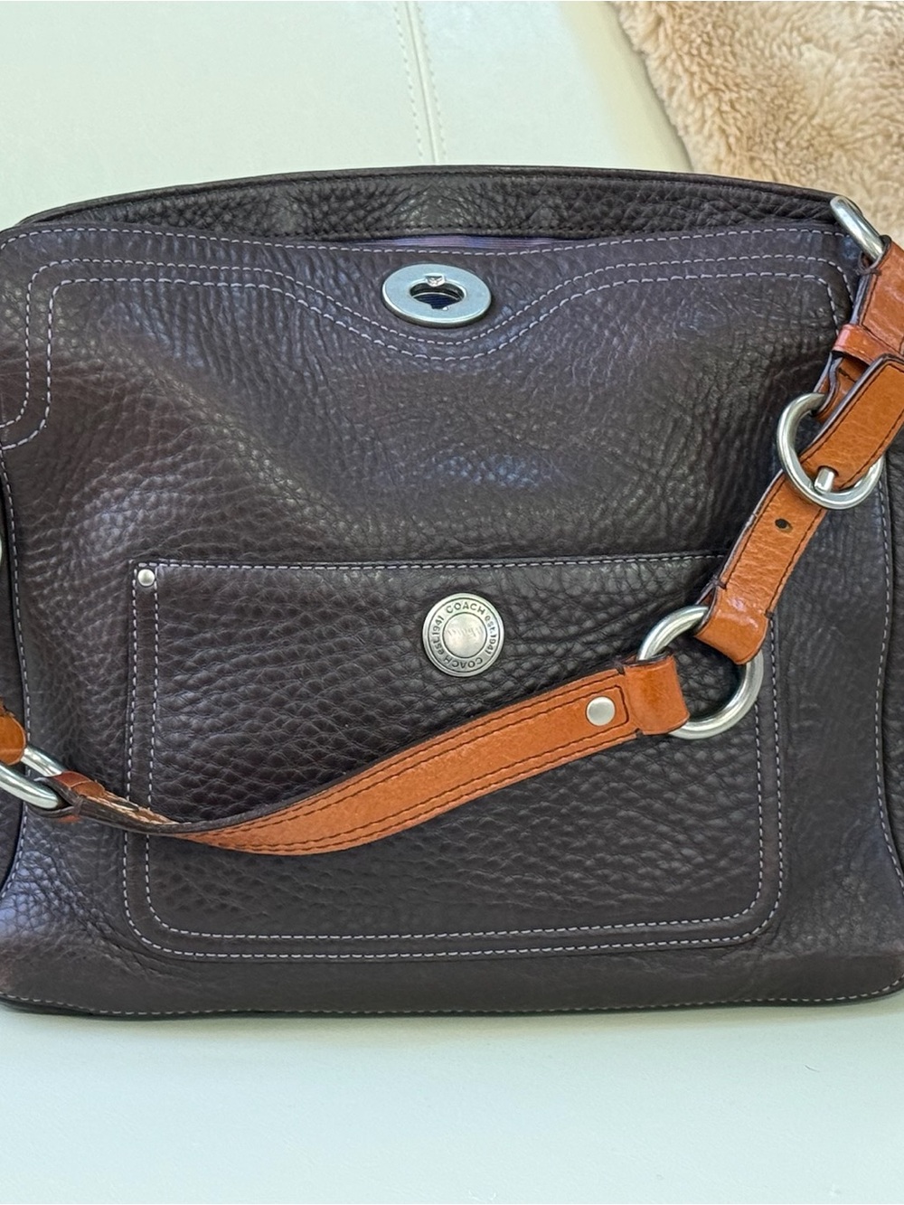 Coach Brown Leather Shoulder Bag with Tan Strap